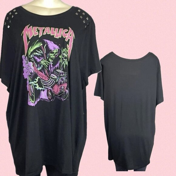 Metallica +6 Black Crew Neck Skull Graphic Studded Detail Short Sleeve T-Shirt - Picture 1 of 6